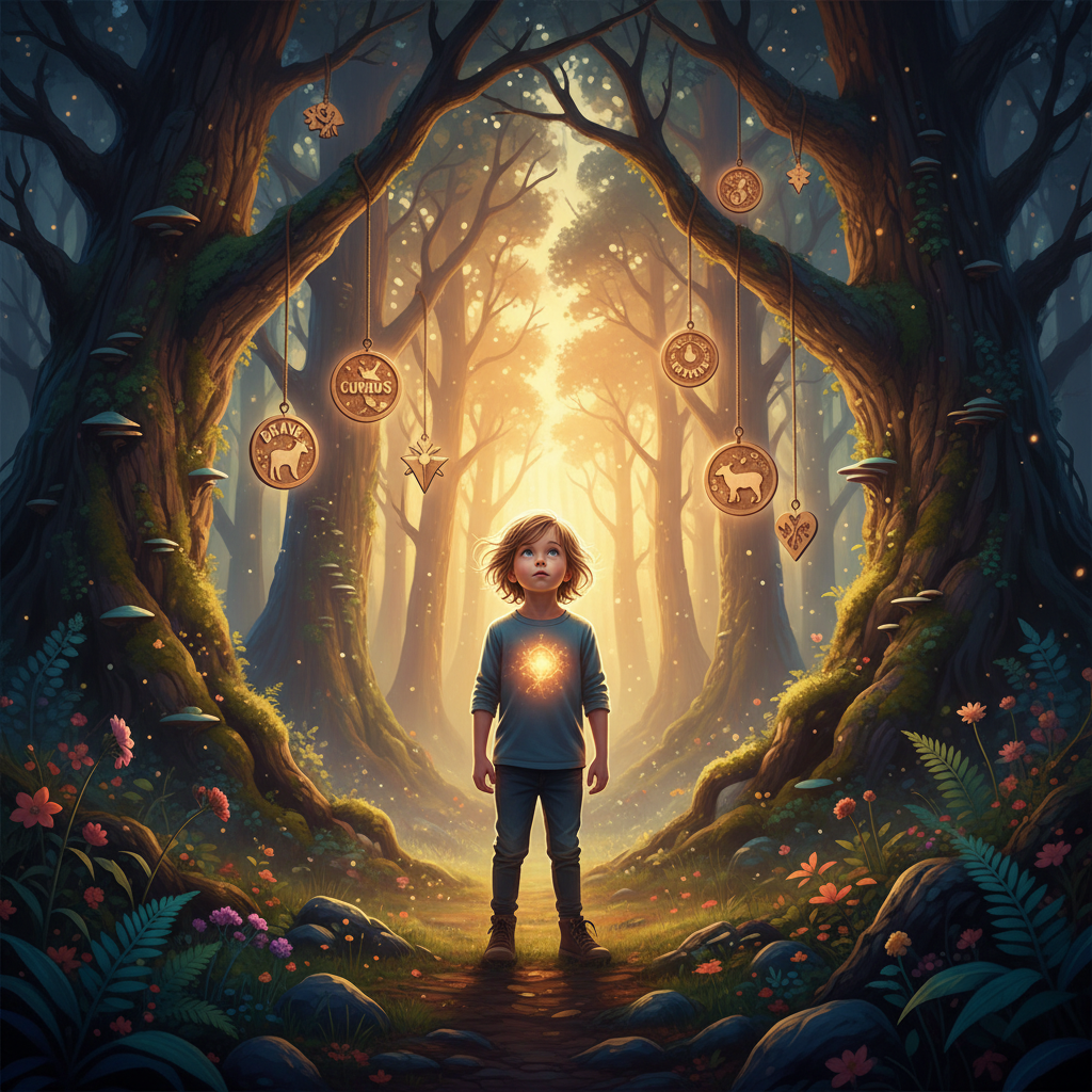 Child standing in a forest clearing, surrounded by motivational wall art hanging from trees, symbolizing resilience and growth mindset at home