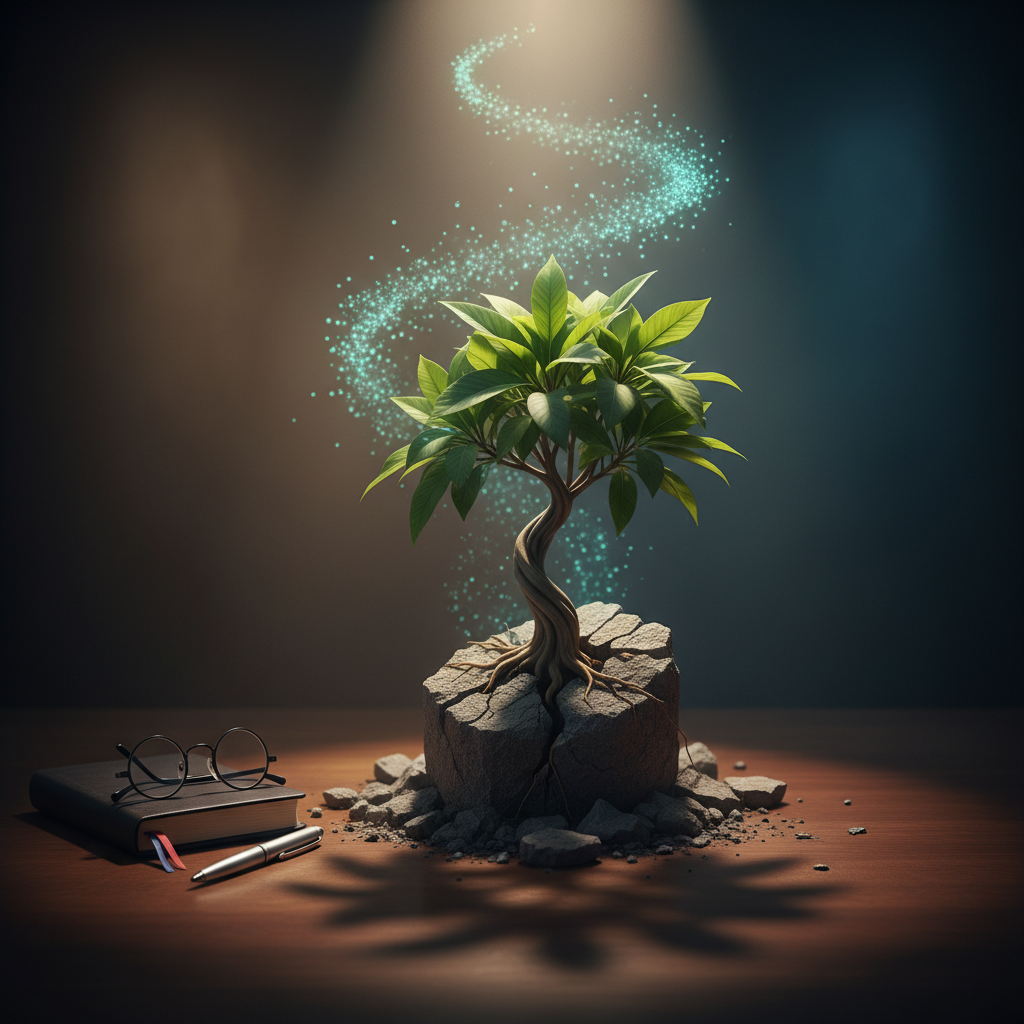 A plant breaking through stone, symbolizing resilience and the growth mindset in the workplace