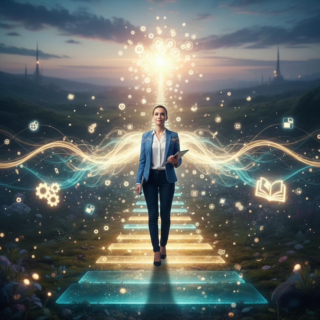 Un candidato inicia su camino profesional iluminado por oportunidades, simbolizando el inicio de una entrevista