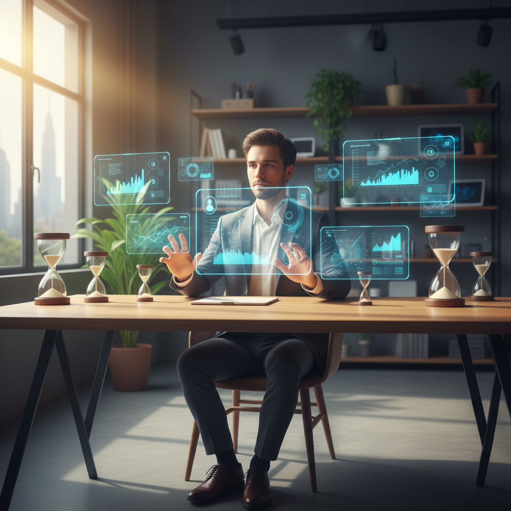 Illustration de gestion du temps dans un test HackerRank, candidat concentré devant des horloges digitales et des timelines flottantes