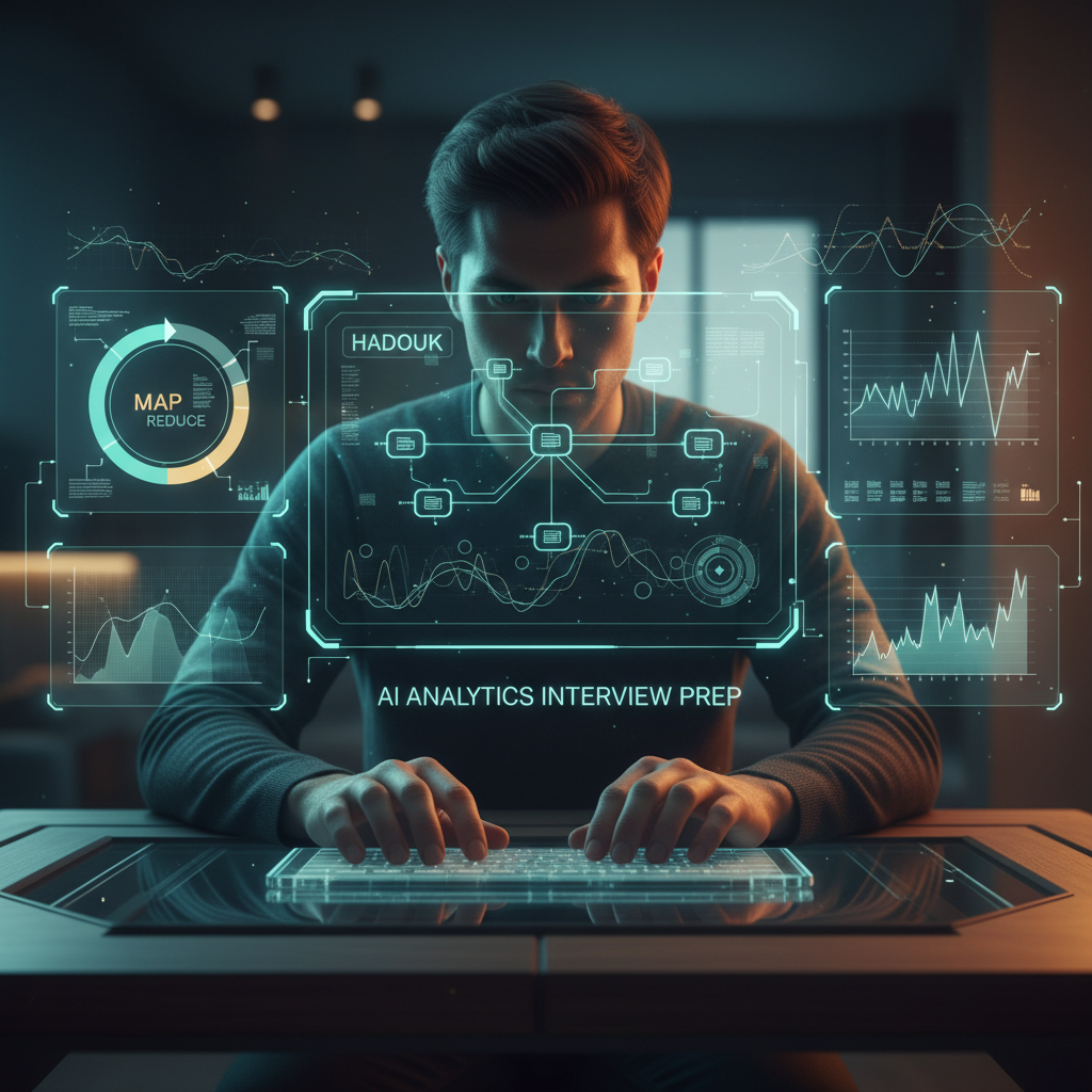 Job seeker preparing for a Hadoop interview with advanced analytics overlays and real-time feedback