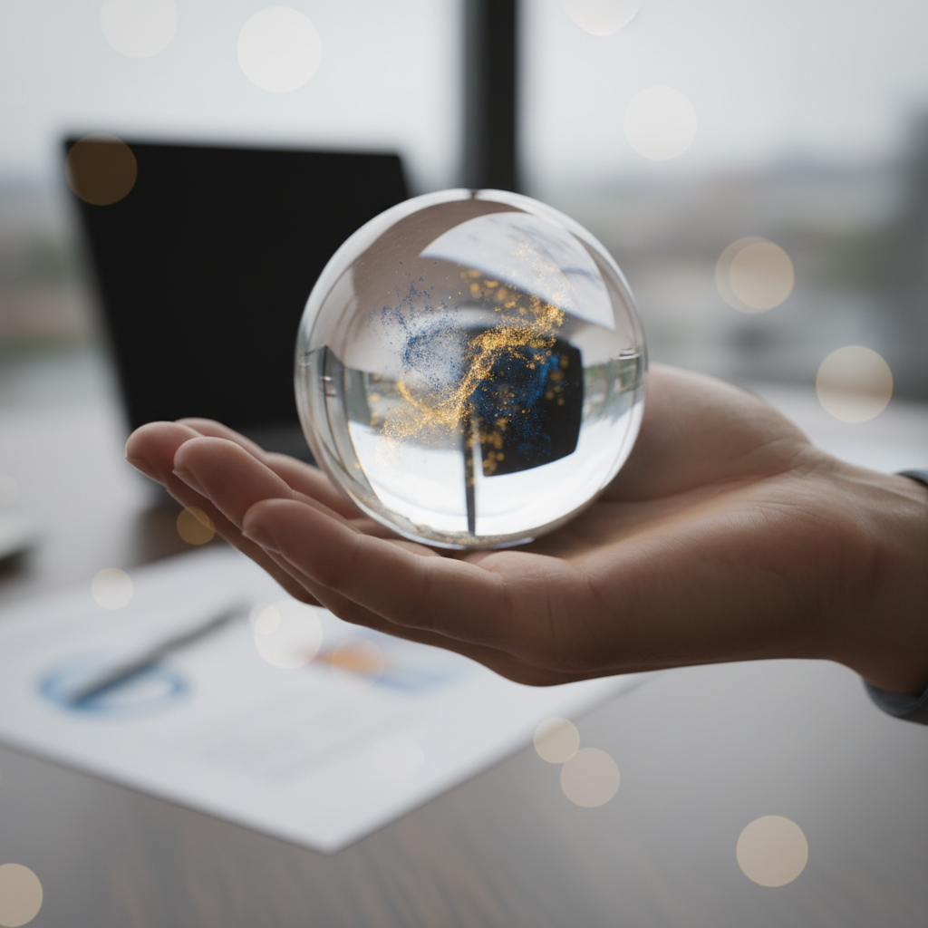 Metaphor for mastering unpredictability: a poised hand balancing a glass sphere filled with swirling data