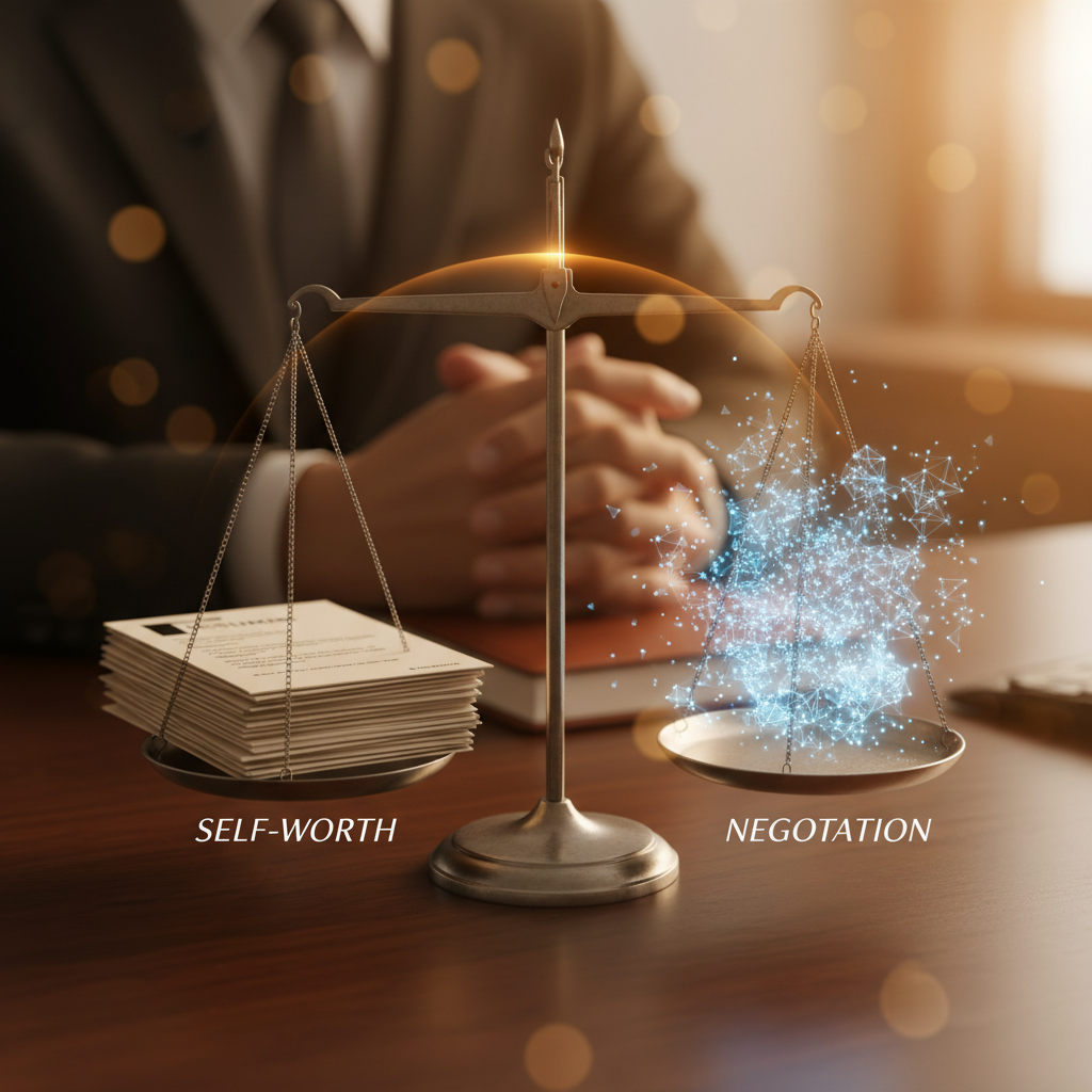 Balanced silver scales on an office desk, resumes and data representing salary negotiation