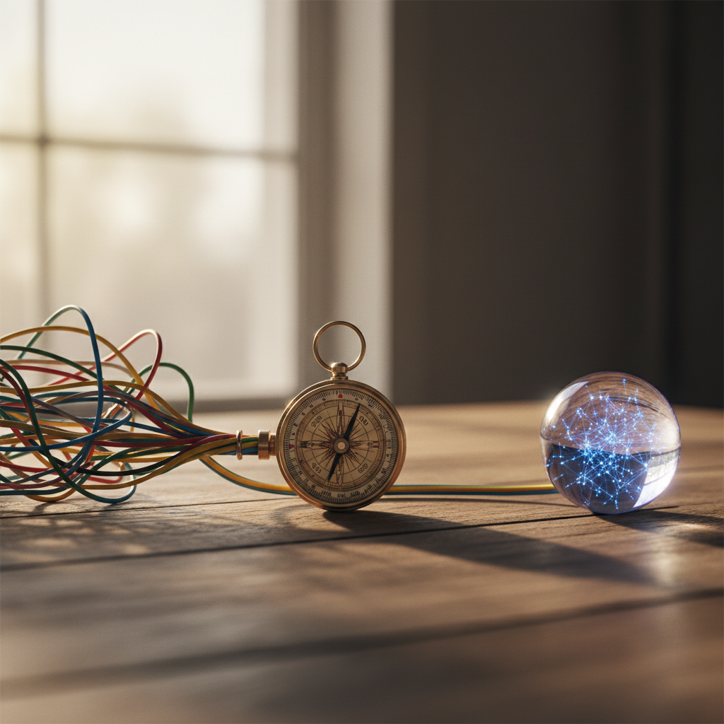 Metaphorical desk photo: compass, untangling wires, and AI orb symbolize finding direction and clarity amidst startup ambiguity