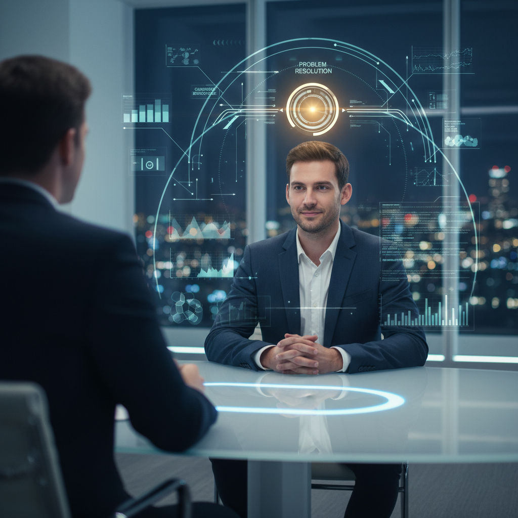 Confident job seeker in interview for customer service role, handling difficult interactions