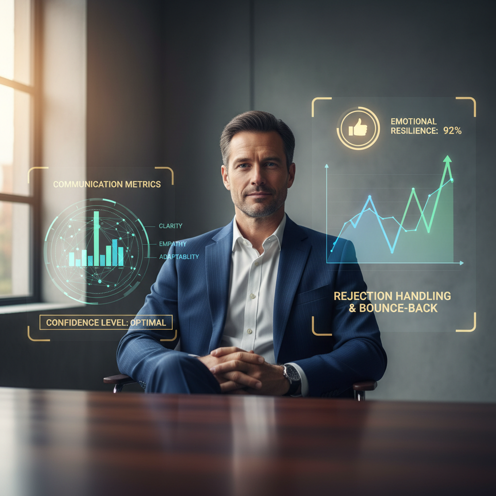 Interviewee handling rejection with resilience and feedback analytics in a modern interview room