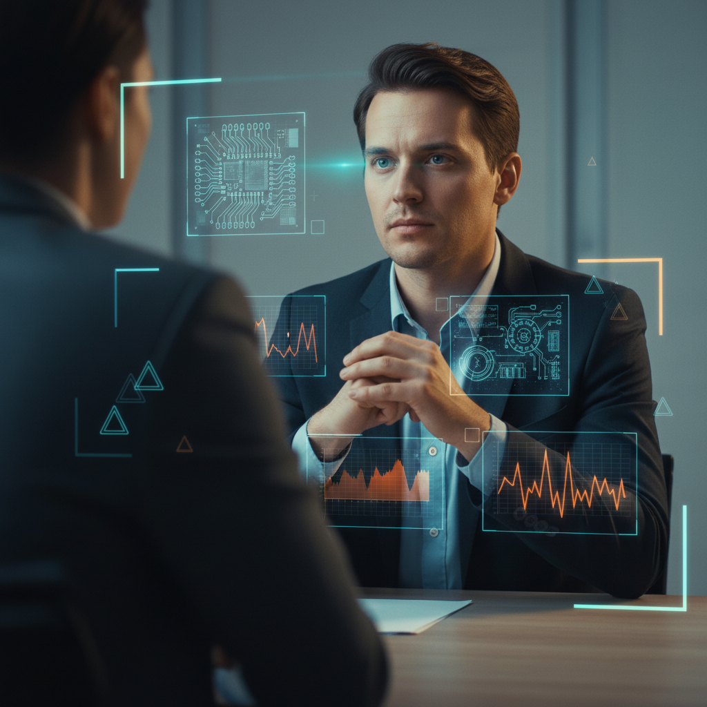 Hardware engineer in interview room with holographic circuit diagrams and analytics overlays