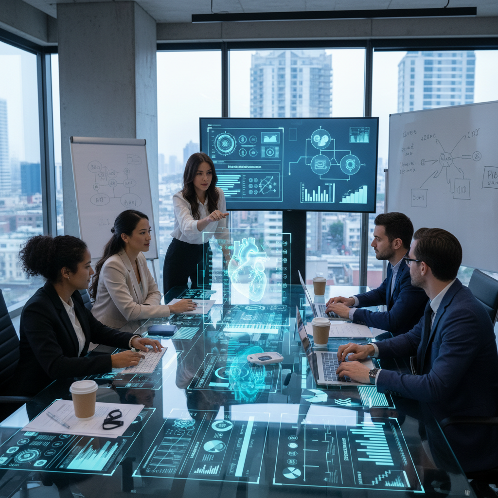 Healthcare consultants collaborating on digital strategy and complex problem-solving in a modern setting