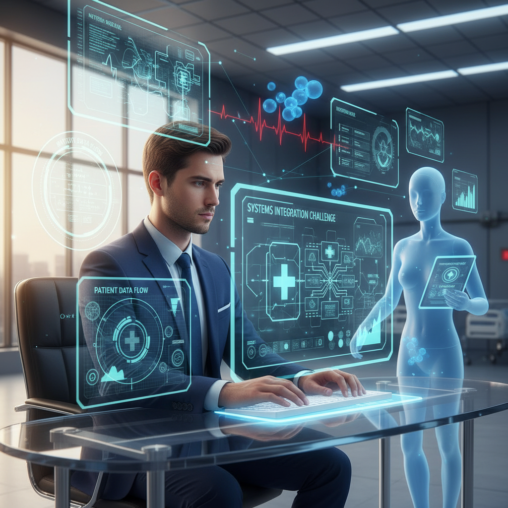 A job seeker prepares for a healthcare IT interview in a hospital setting, surrounded by digital health data and AI feedback interfaces.