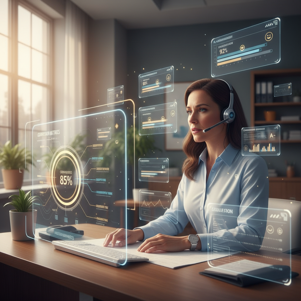 Healthcare administrator practicing interview skills with AI-driven feedback in hospital office