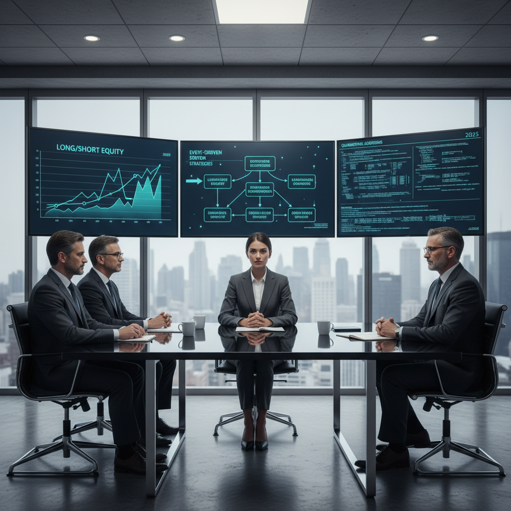Panel hedge fund interview with candidate, digital strategy charts in background, high-stakes 2025 setting