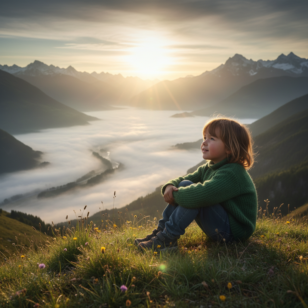 A child gazing over a sunrise valley, symbolizing emotional journey after losing