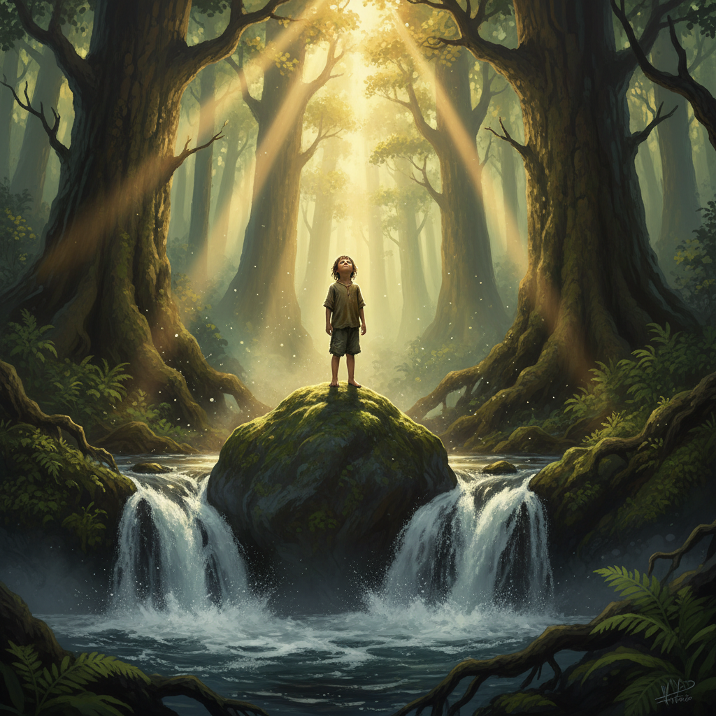 A resilient child stands strong at the edge of a waterfall, symbolizing overcoming setbacks in life