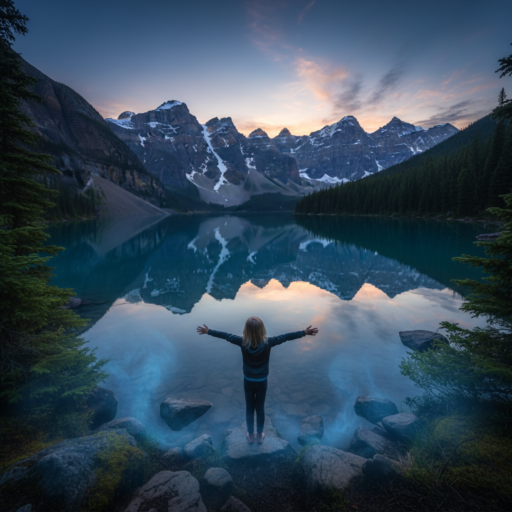 A child stands at a tranquil lake, arms open wide, symbolizing acceptance of big emotions in a safe environment.