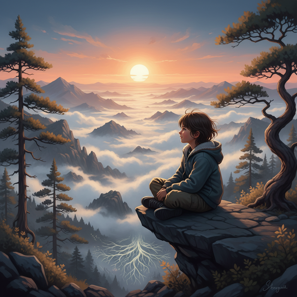A shy child sitting quietly at sunrise, overlooking a misty mountain landscape, showing strength and introspection.