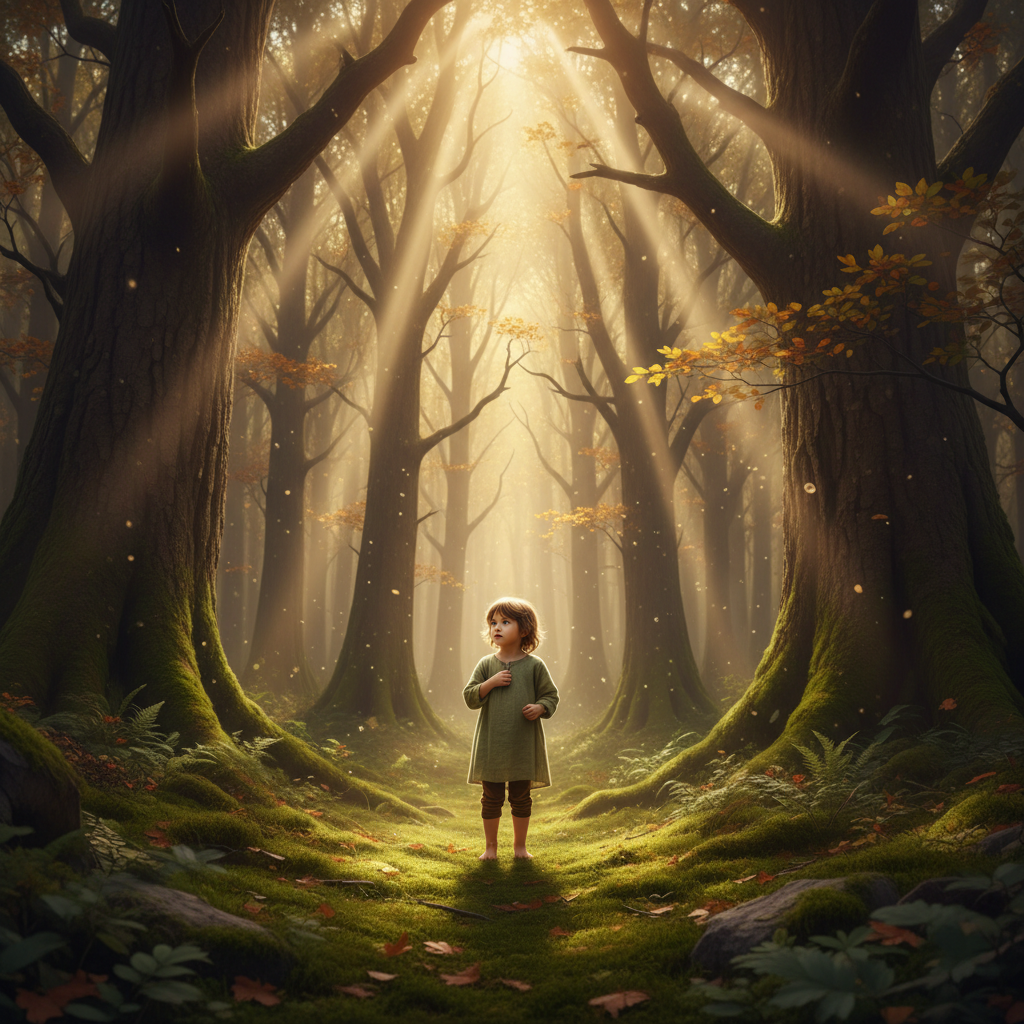 Shy child standing in a sunlit forest, symbolizing quiet courage and emotional growth