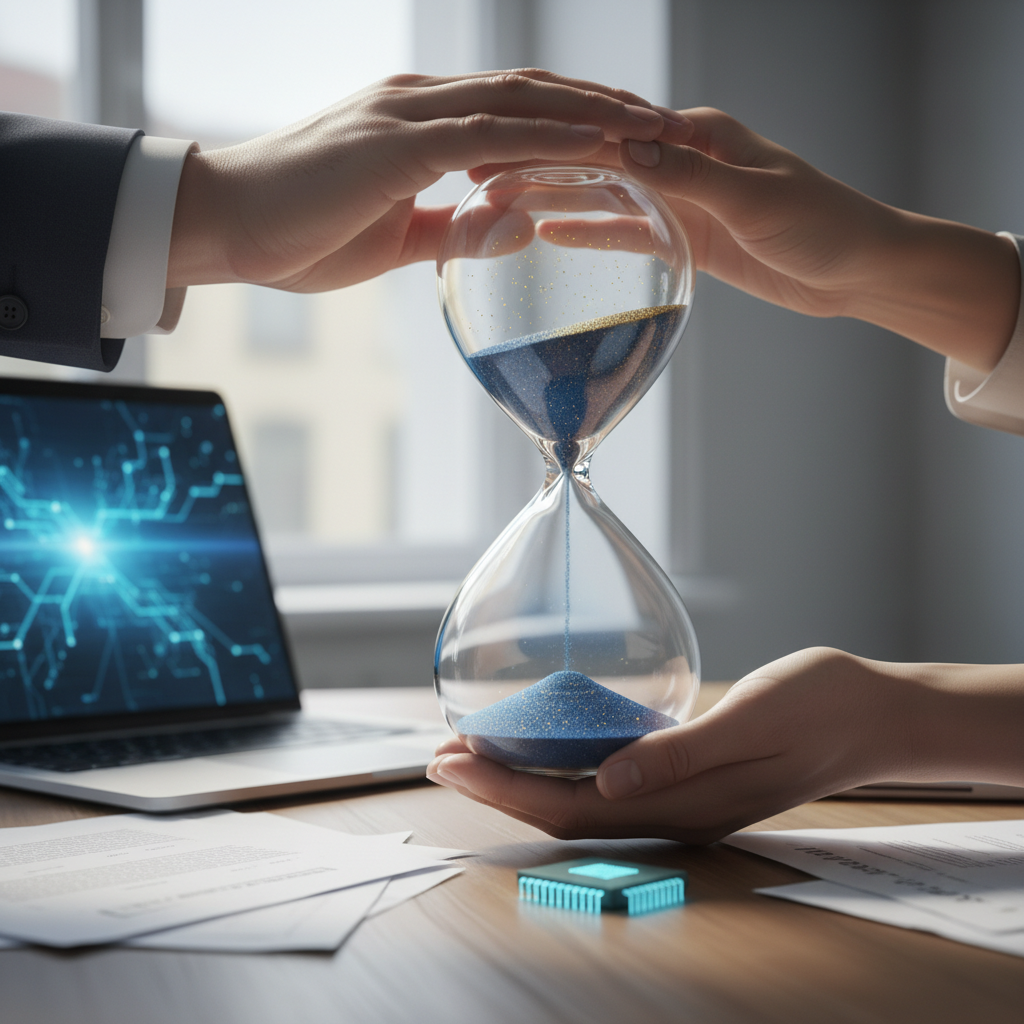 Composure under pressure illustrated by steady hands on an hourglass