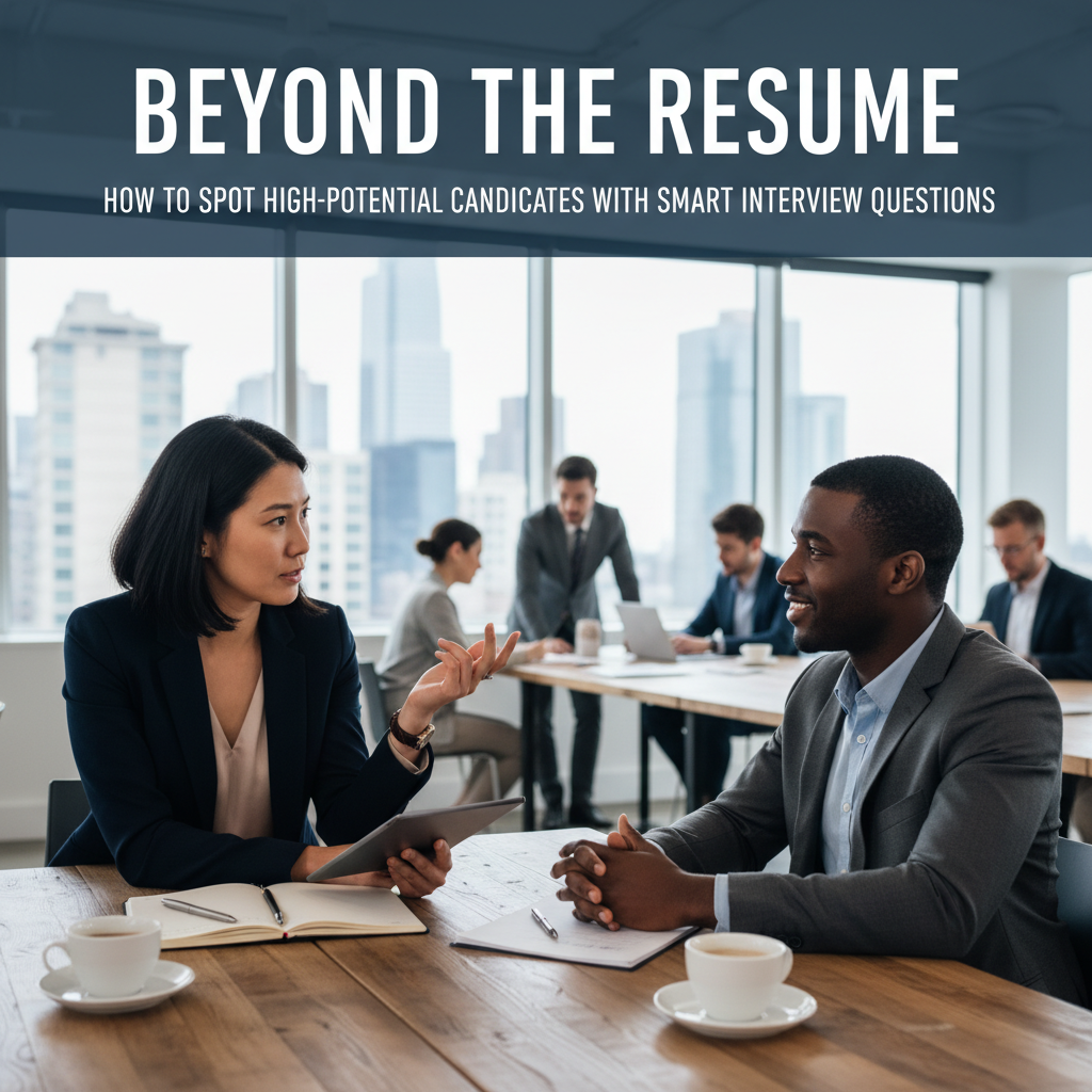 Hiring manager and candidate engaged in a modern interview, discussing smart interview questions to uncover high-potential talent