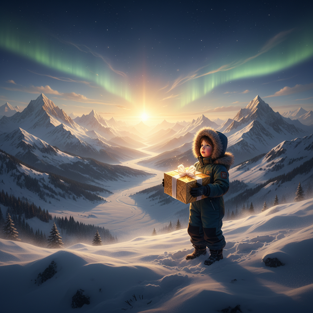 A child holding a glowing holiday gift on a snowy ridge, inspiring dreams and possibilities for kids