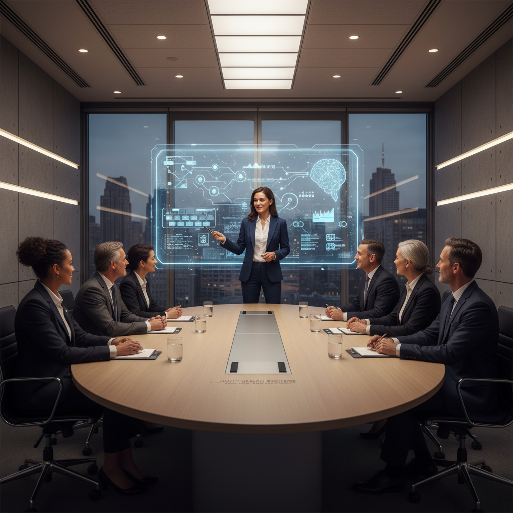 A hospital CEO candidate presenting their strategic vision to a diverse board, with digital innovation visuals in the background