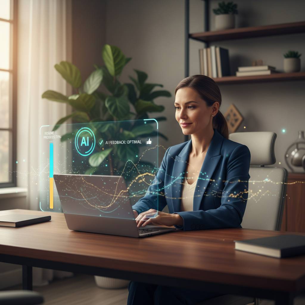 Job seeker recording a video resume in a home office, empowered and confident with analytical overlays symbolizing feedback and modern technology.