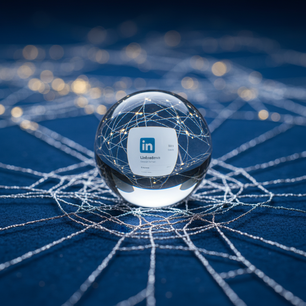 Professional metaphoric image of a polished glass sphere reflecting a LinkedIn profile, representing interconnected online reputation and presence.