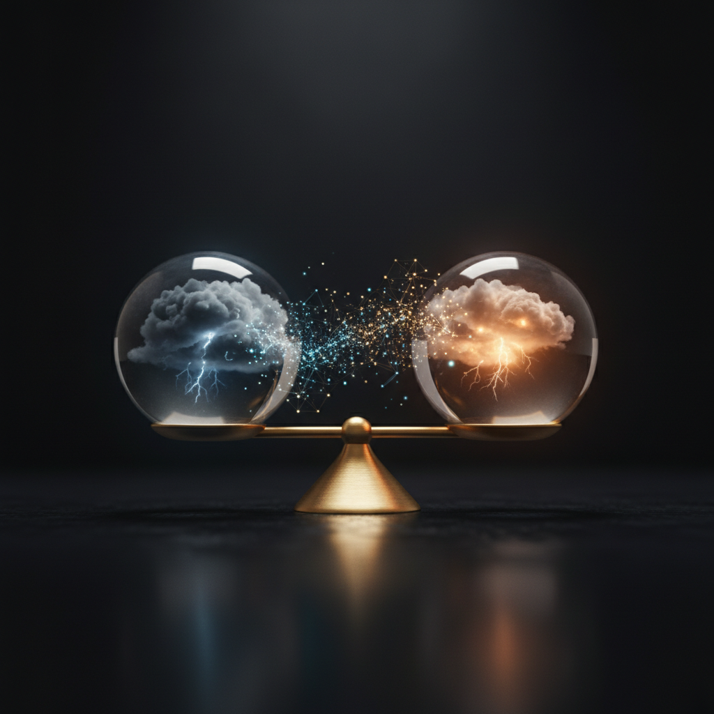 Glass spheres balanced on fulcrum representing composure and tension in client interactions