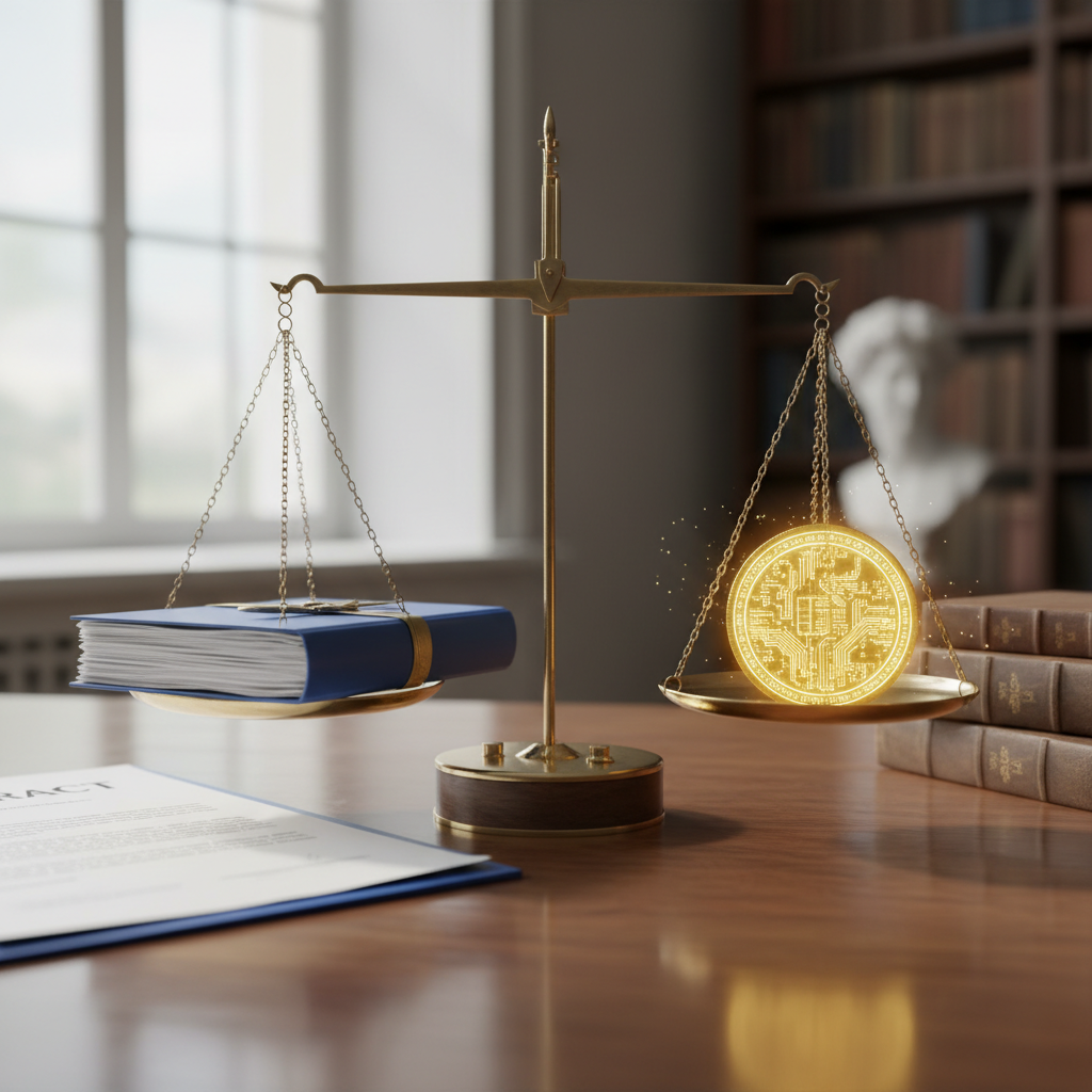 A balanced scale with a contract and gold coin, symbolizing salary negotiation and value exchange