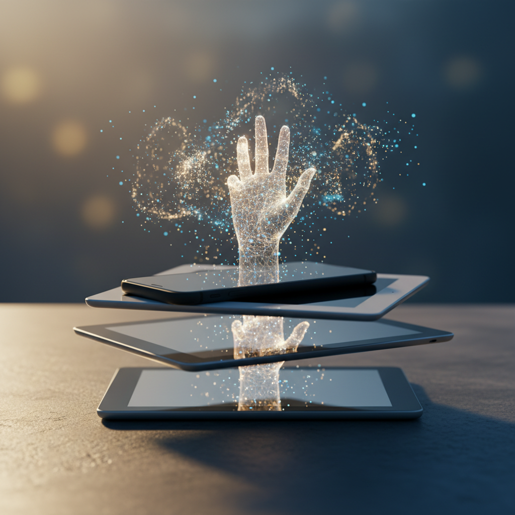 Digital devices and mirrors reflecting a hand reaching upwards, symbolizing a cohesive online presence