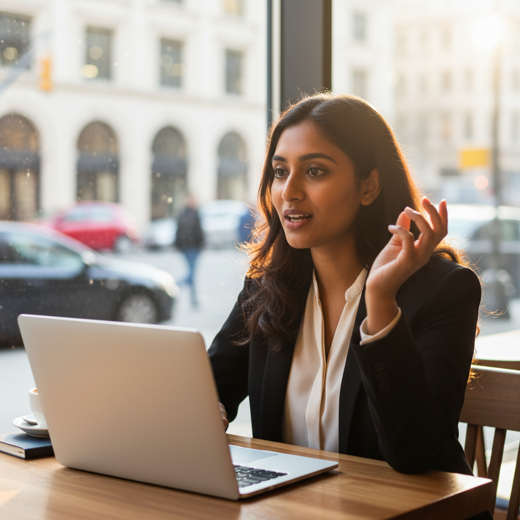 A South Asian woman practices interview questions aloud at a sunlit cafe, showing resilience and prep