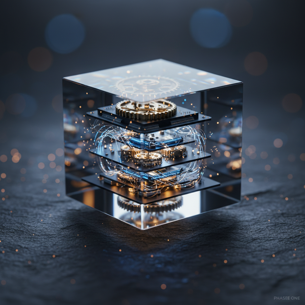 Transparent glass cube filled with gears, microchips, and glowing data threads, symbolizing visible layers of technical depth