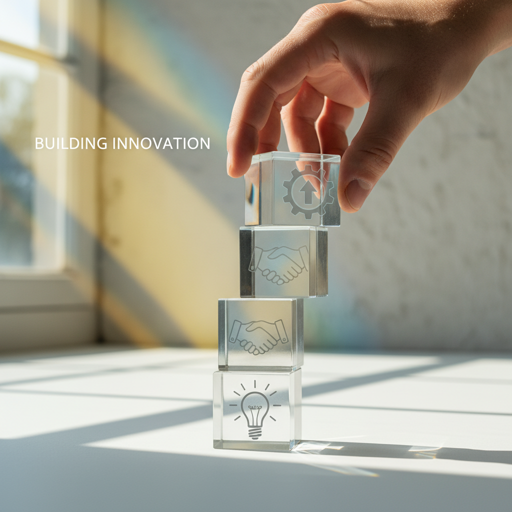 Hand assembling transparent glass blocks with icons representing innovation steps