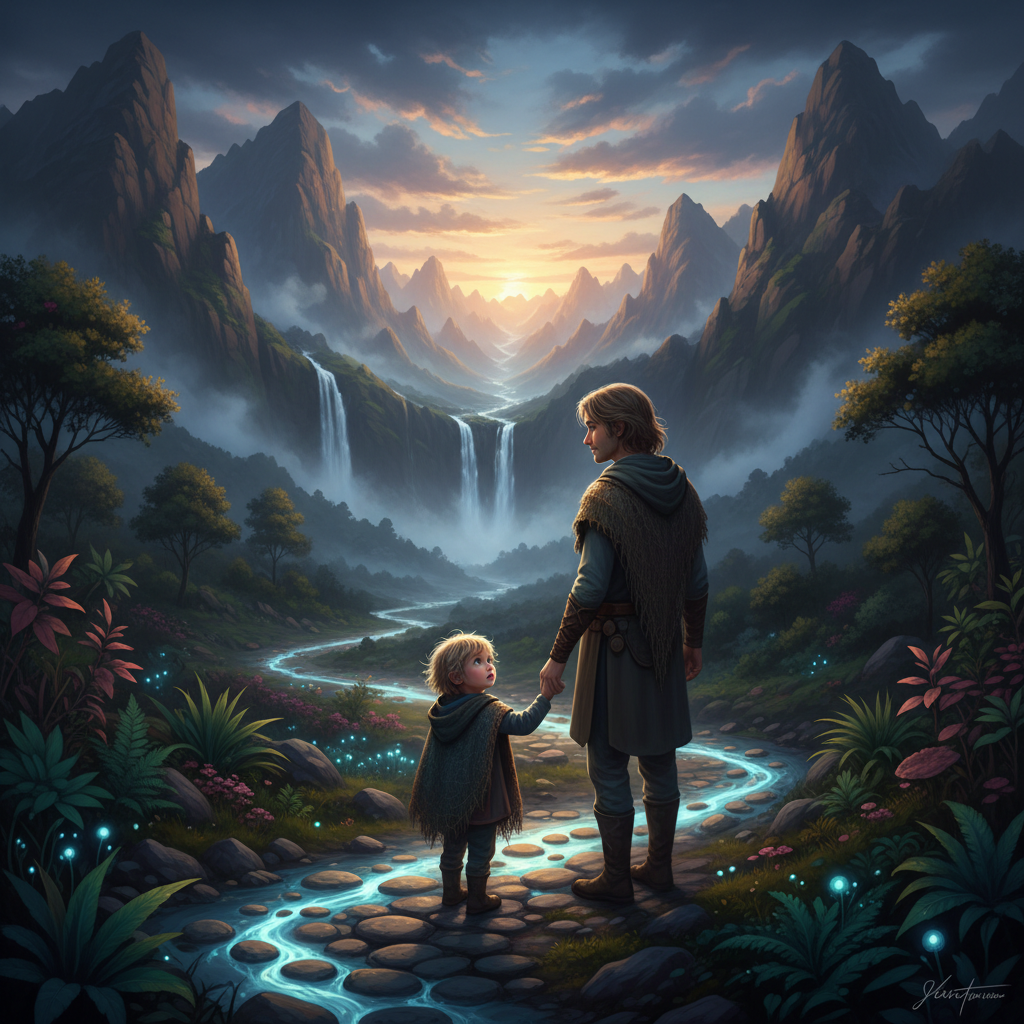 A child walking with a parent through a glowing mountain valley, symbolizing support through challenges