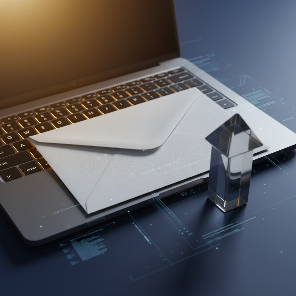 A crisp white envelope on a glowing laptop keyboard, symbolizing email introductions and ambition.