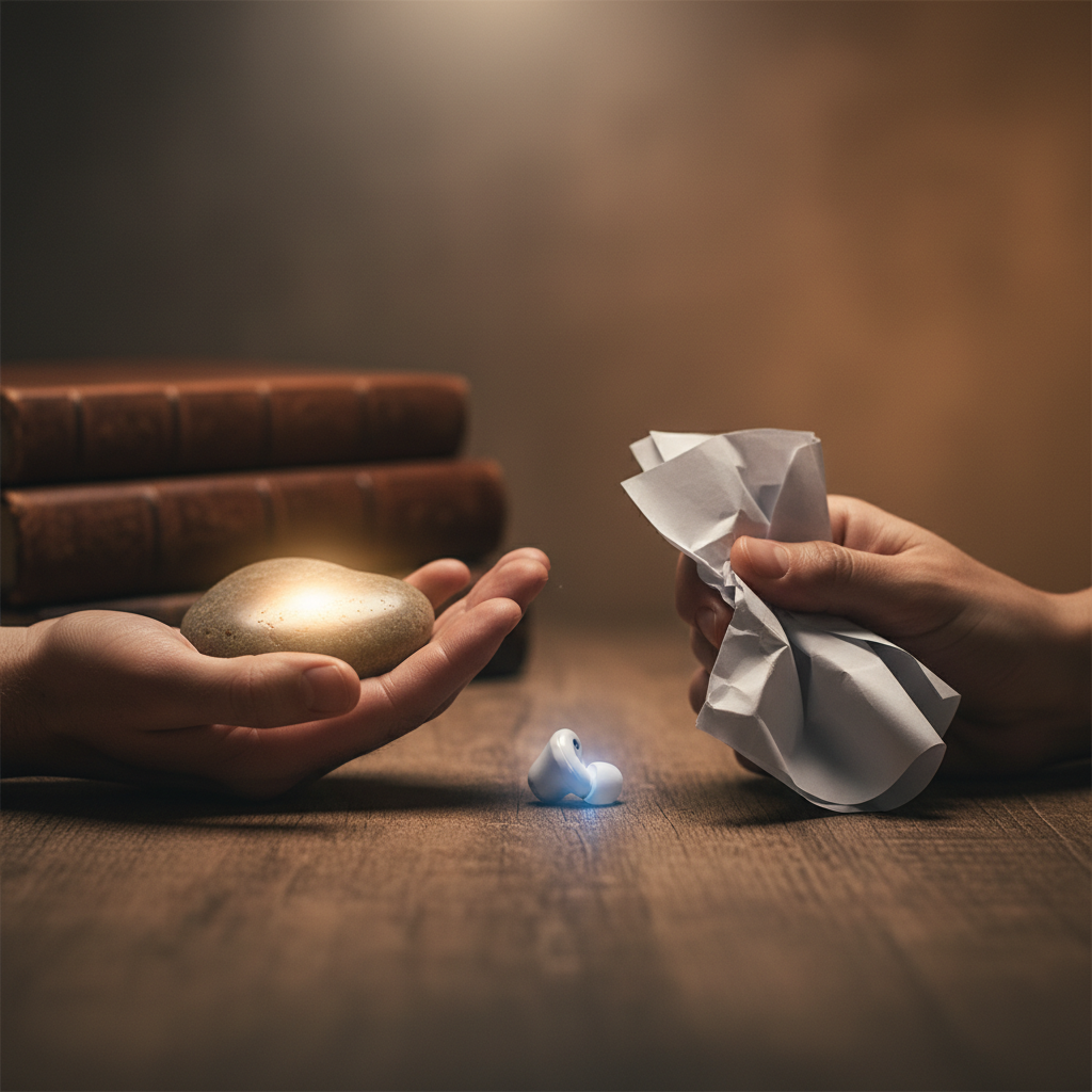 Natural vs Scripted Interview Answers—A metaphorical visual of a smooth stone and crumpled paper representing authentic and rehearsed delivery