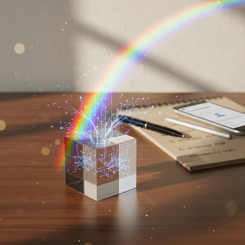 Glass prism splitting light and AI data on desk, symbolizing self-knowledge for AI personality assessments