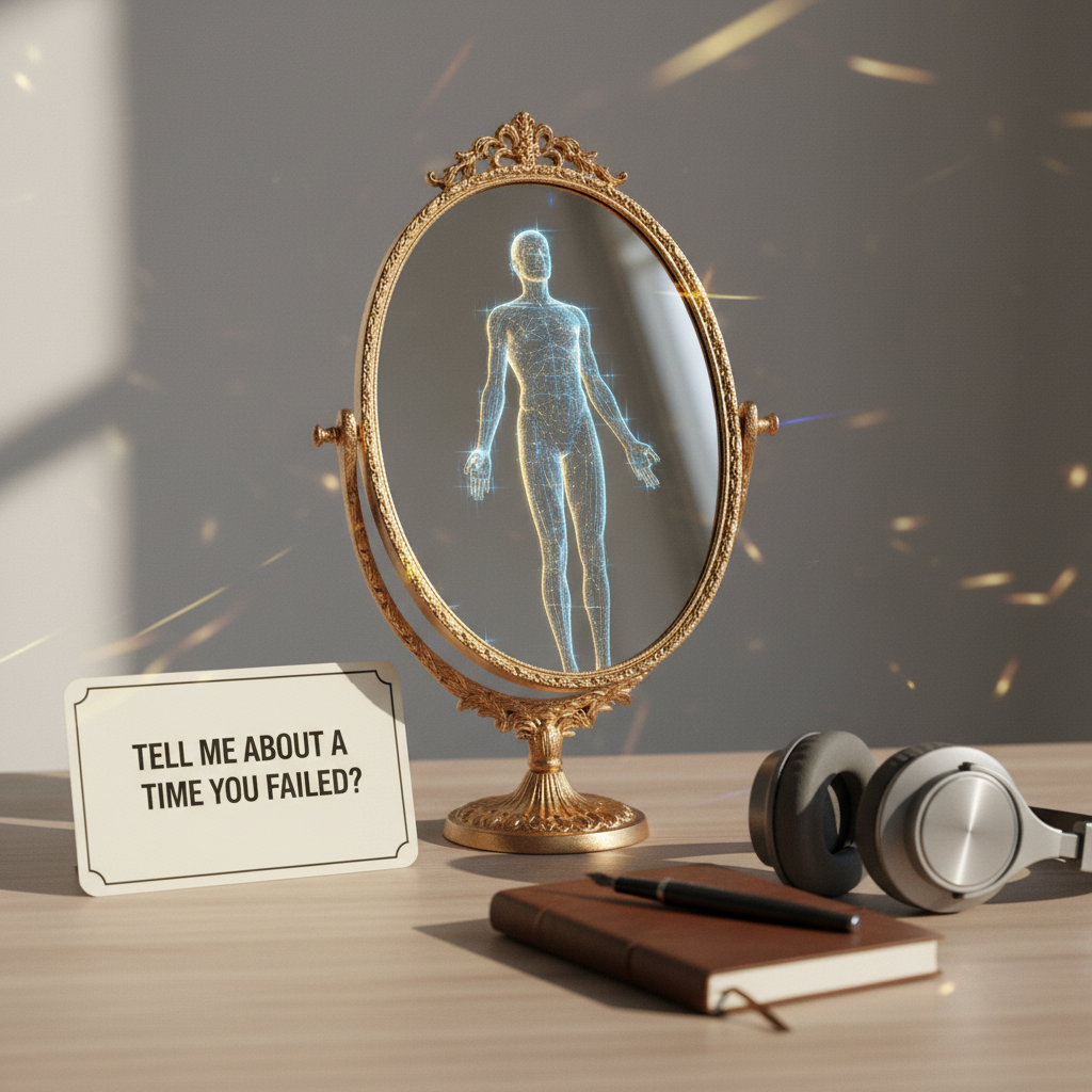 A mirror on a minimalist desk with interview prep items, symbolizing solo interview practice and self-reflection