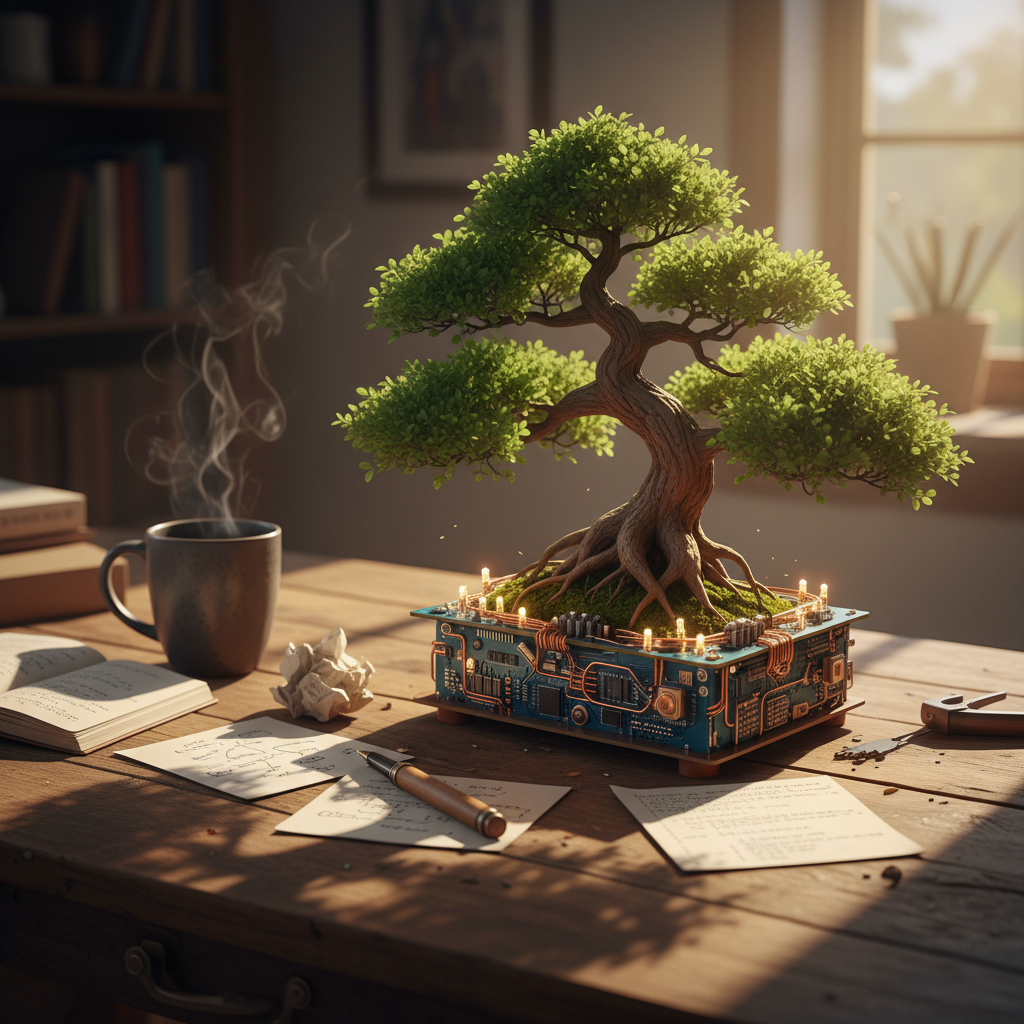 A bonsai tree grows from a circuit board base, symbolizing alternative, organic skill growth for coding interviews