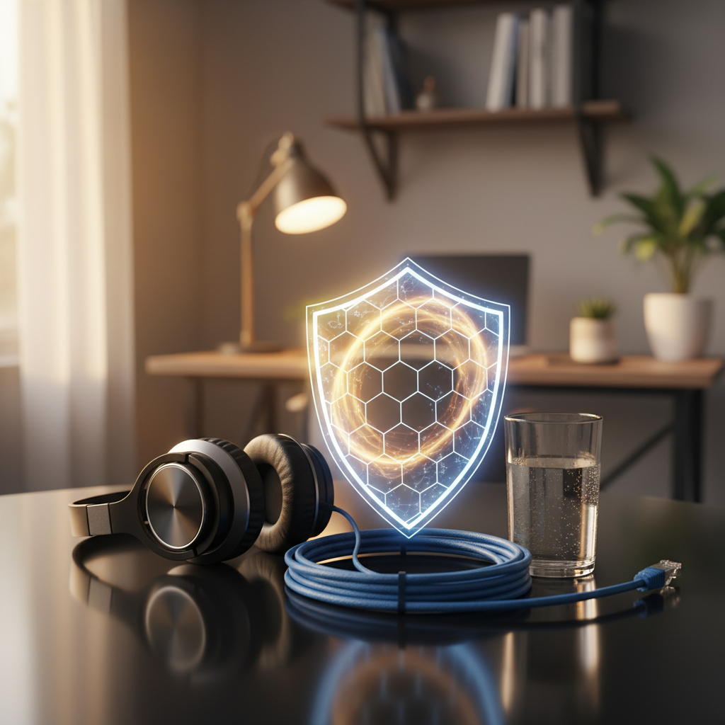 Essential tech items for preventing virtual interview technical issues: headphones, ethernet cable, holographic shield metaphor