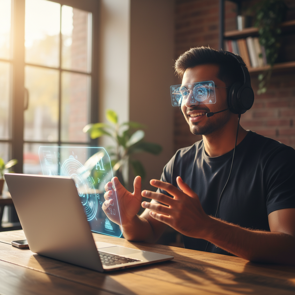 Young professional practicing confident interview delivery with headphones and AI support