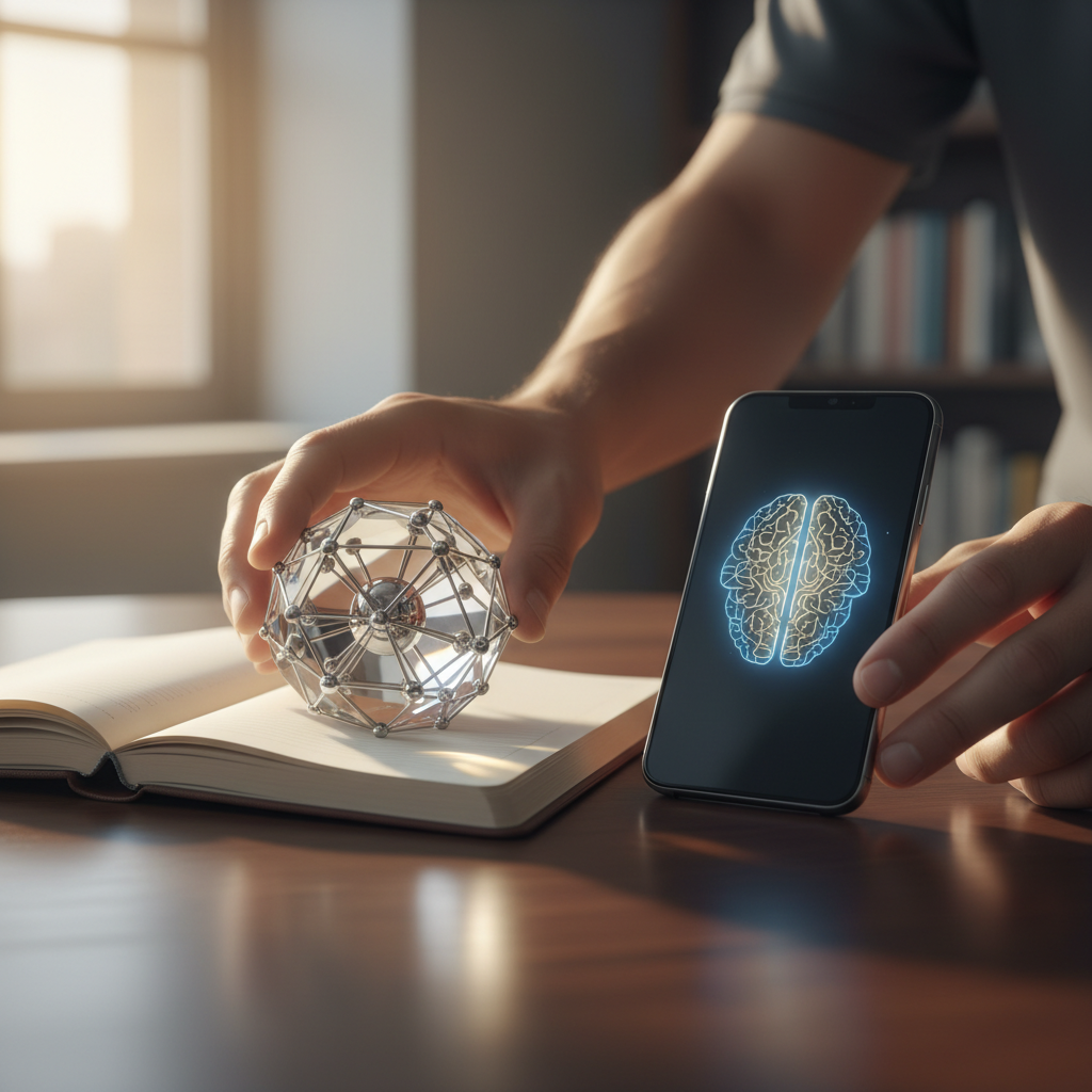 Symbolic scene of bridging business and AI: hands arranging notebook, neural network glass paperweight, glowing smartphone on desk
