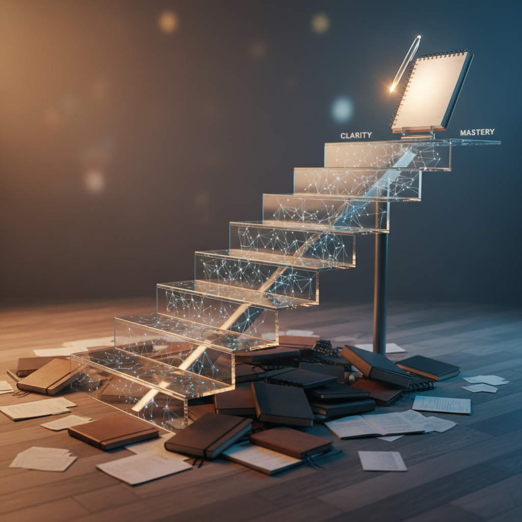 Glass staircase symbolizing interview mastery, with notebooks and glowing neural patterns