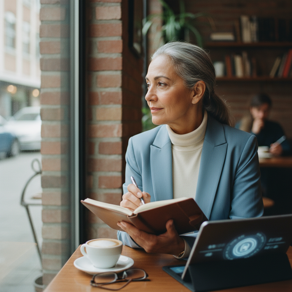 A professional reflecting and journaling with digital tools, illustrating mindful brain training.