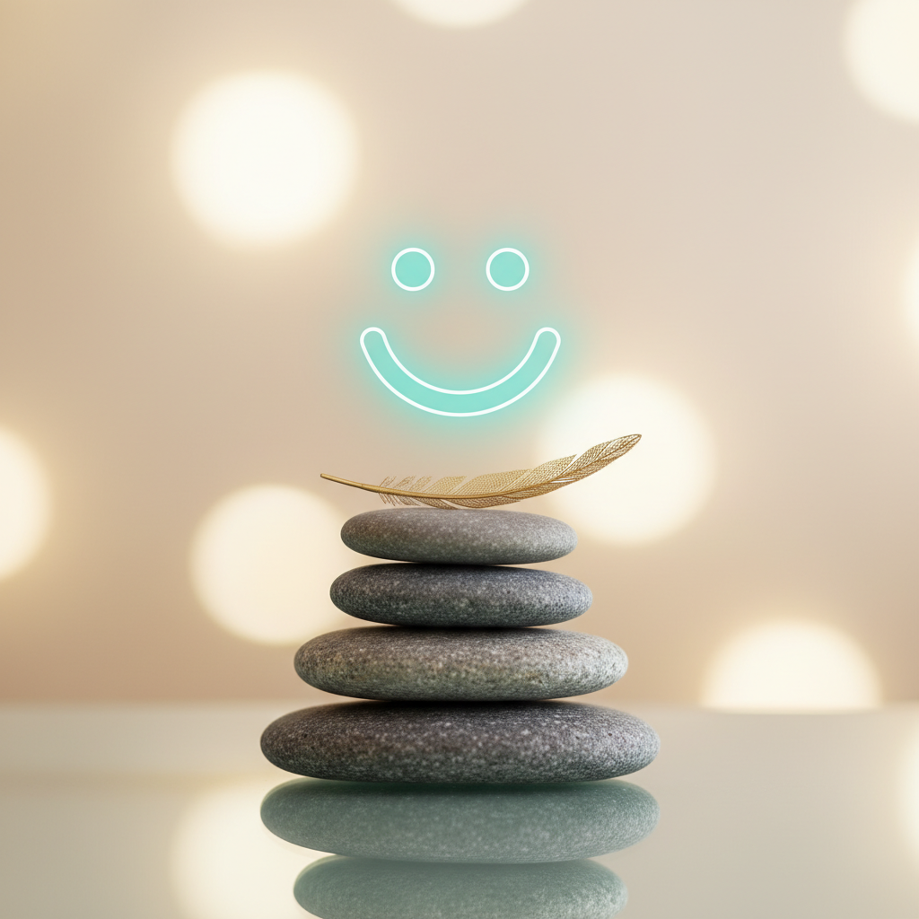 Balanced stones and feather representing safe humor in interviews