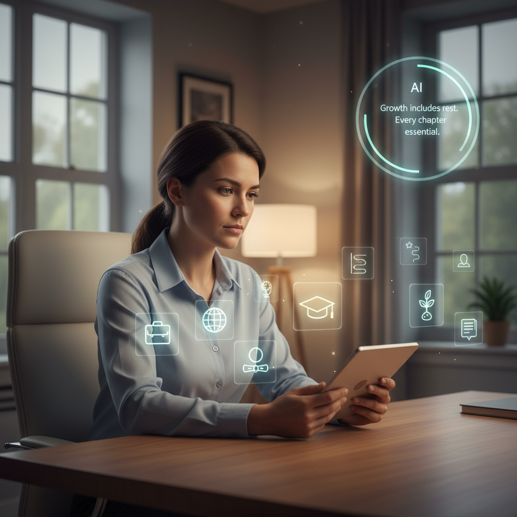 Profesional revisando su CV digital con apoyo de inteligencia artificial y hologramas que reflejan etapas laborales y pausas