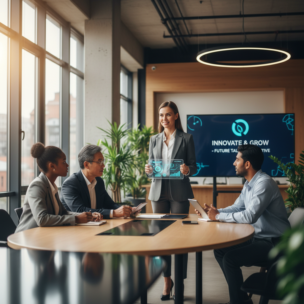 HR manager leading a diverse interview panel with digital analytics in a modern office