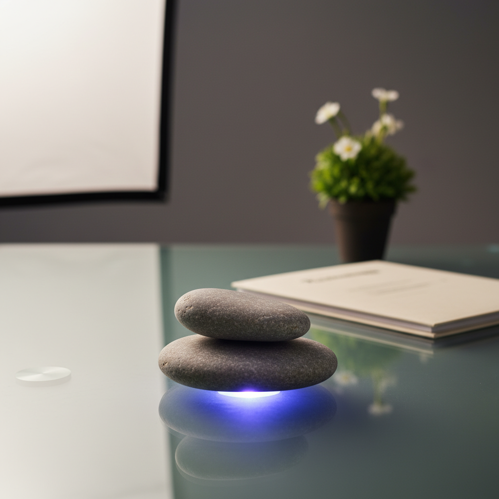 Balanced stones and a resume folder as a metaphor for humility and confidence in interviews
