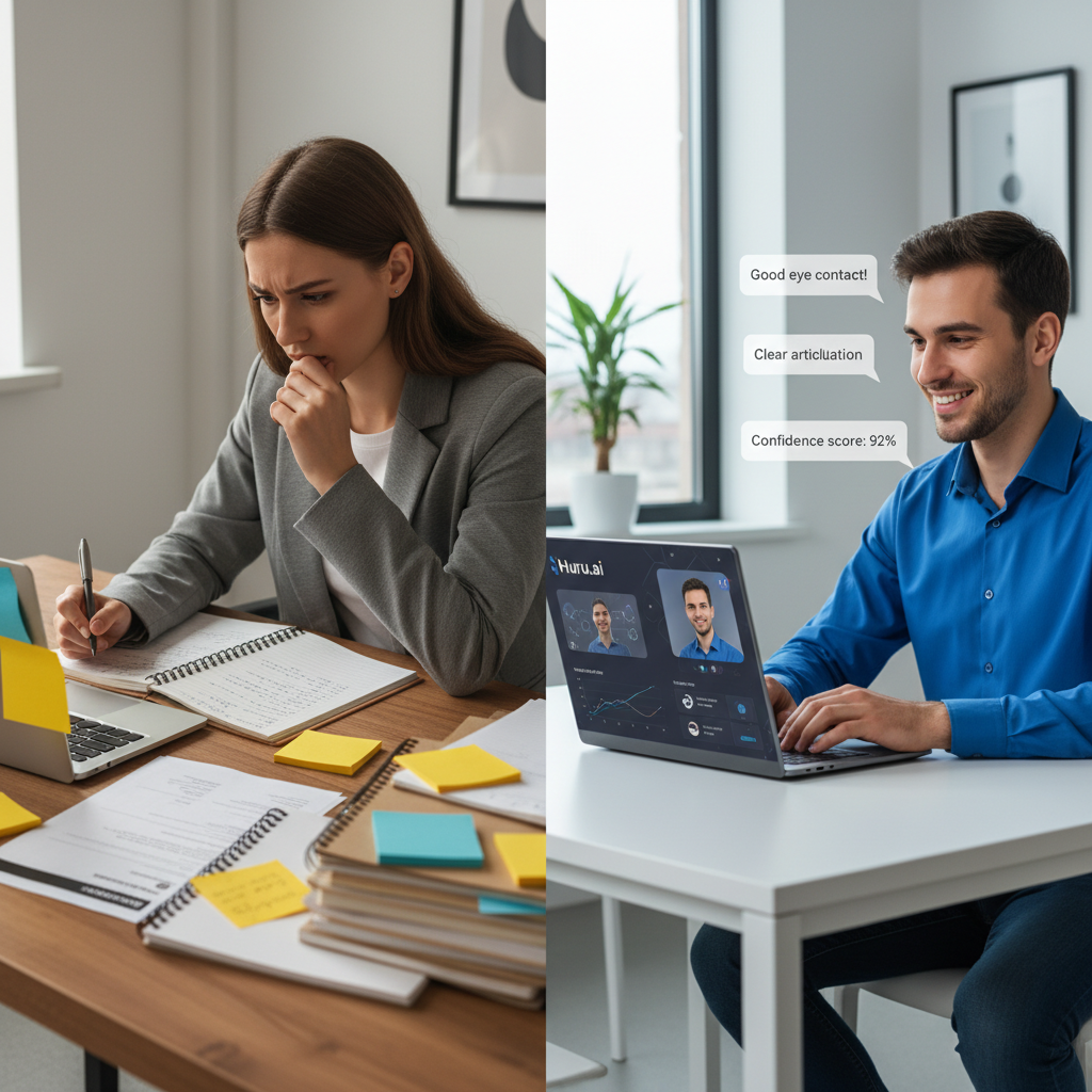 Comparison between traditional interview preparation with paper notes and Huru.ai’s AI-powered platform on laptop, showing instant feedback bubbles