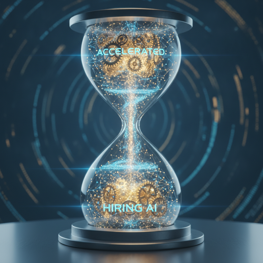 Reloj de arena de cristal con engranajes y nodos luminosos representando la aceleración de la selección de personal con IA