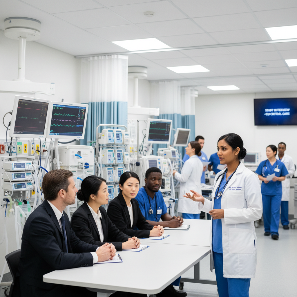 ICU nurse confidently answering interview questions in a high-tech hospital setting